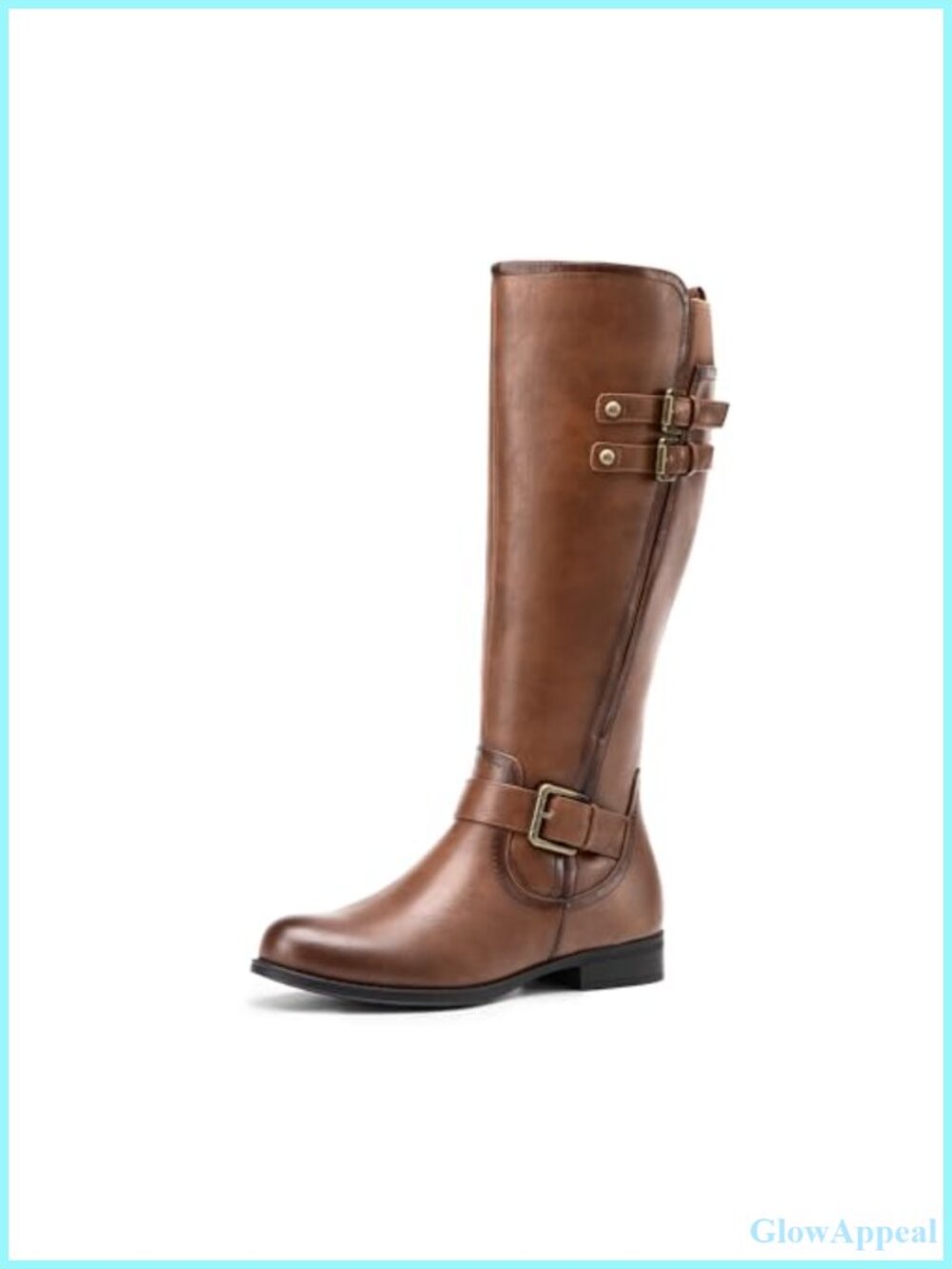 Faux Leather Knee High Riding Boots Buckle Zip Round Toe Flat